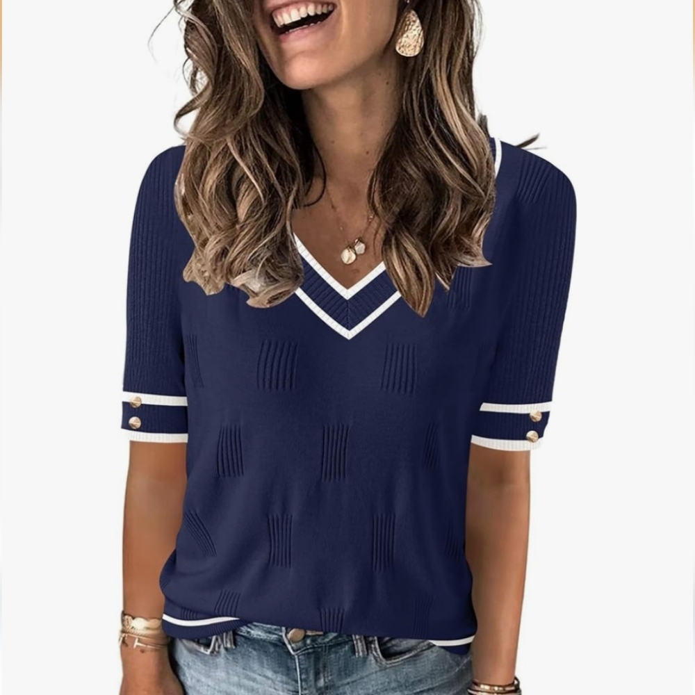 Navy Blue V-Neck Top with White Trim